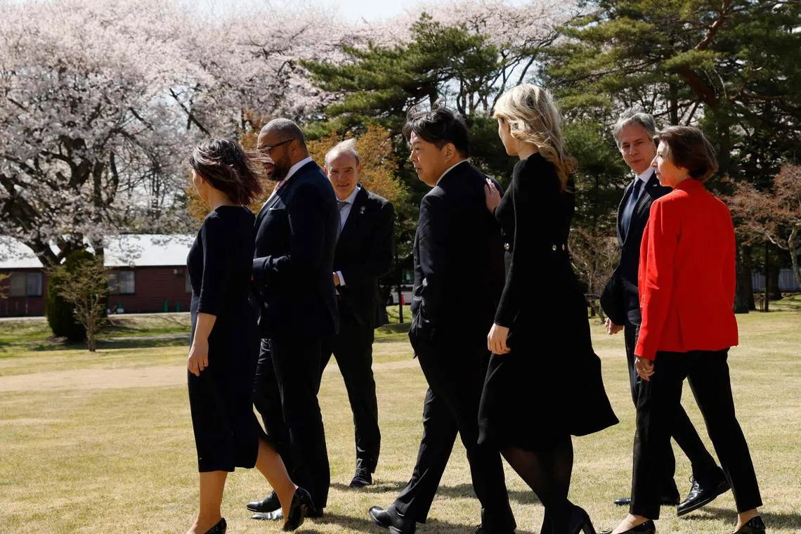 (L-R) German Foreign Minister Annalena Baerbock, British Foreign Secretary James Cleverly, Deputy Secretary-General of the European External Action Service (EEAS) Enrique Mora, Japan’s Foreign Minister Yoshimasa Hayashi, Canadian Foreign Minister Melanie Joly, US Secretary of State Antony Blinken and French Foreign Minister Catherine Colonna walk out after posing for a group photo at the G7 Foreign Ministers' meeting in Karuizawa on April 17, 2023