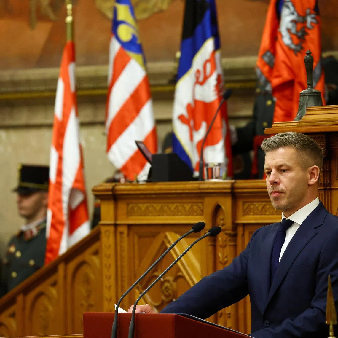 Hungarian Prime Minister Peter Magyar delivers a speech on the day new members of government take their oath of office in the Parliament, in Budapest, Hungary, May 12, 2026. REUTERS/Bernadett Szabo