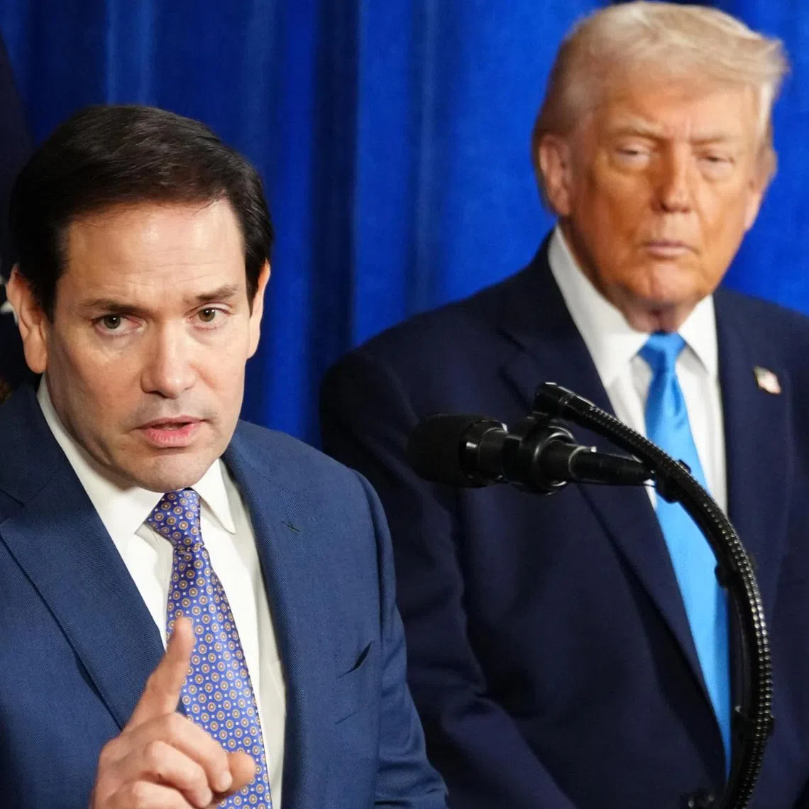 US Secretary of State Marco Rubio delivers remarks next to President Donald Trump during a news conference at Mar-a-Lago, Jan 3, 2026. PHOTO: TIERNEY L. CROSS/NYTIMES