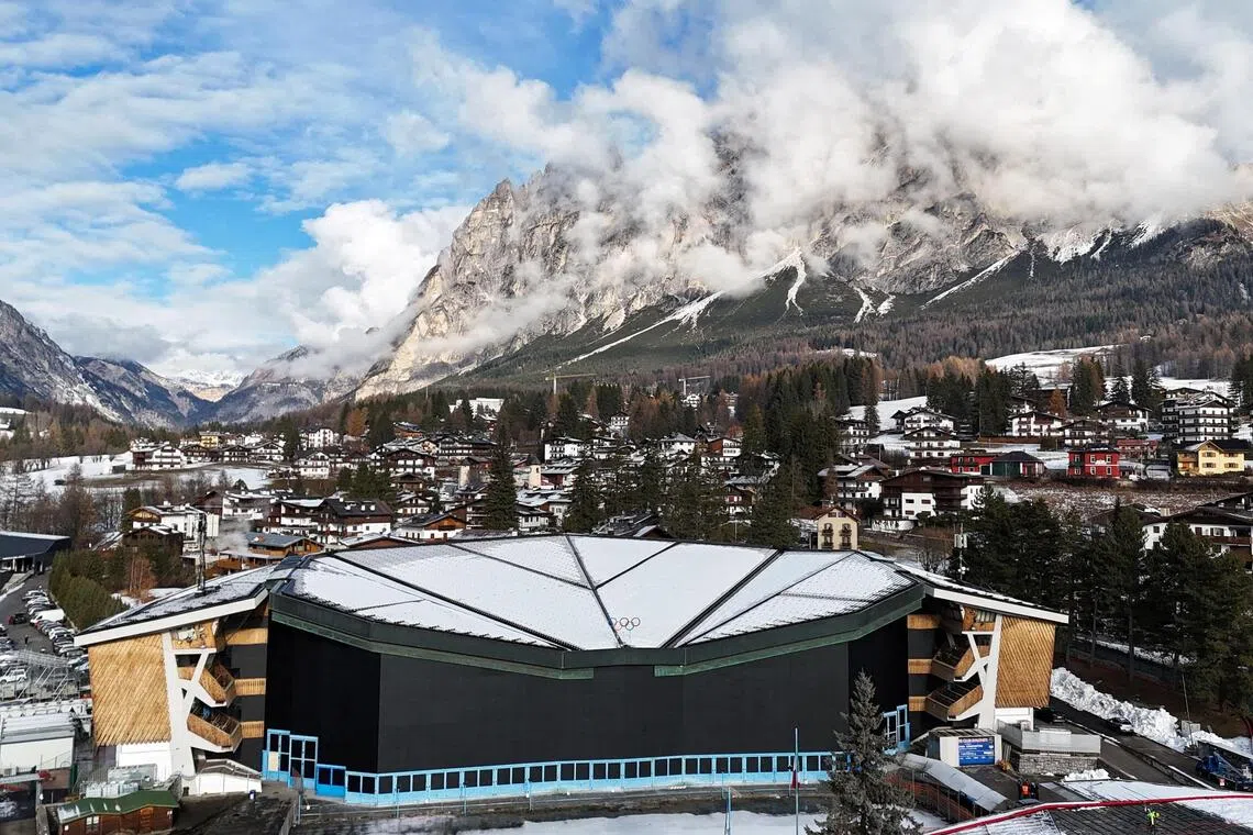 A drone view shows the Cortina Curling Olympic stadium and the Cristallo mountain, ahead of Milano Cortina Winter Olympics 2026.