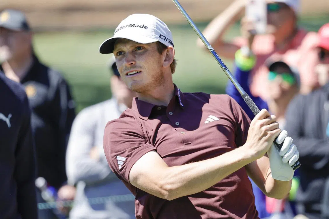 Jacob Bridgeman plays his shot from the eighth tee during the second round of the Valspar Championship.