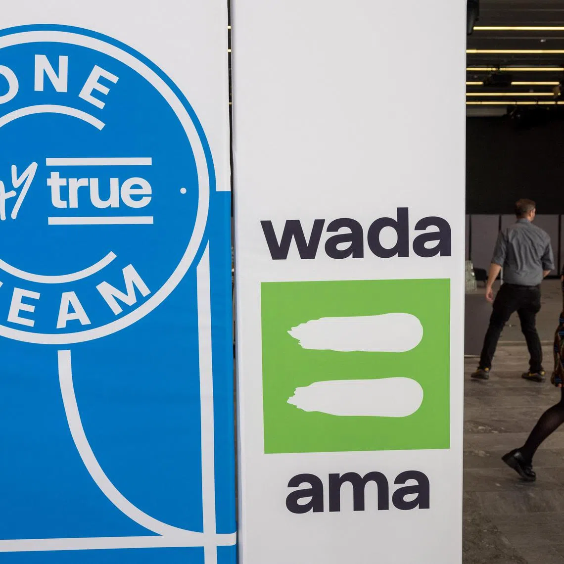 FILE PHOTO: A WADA logo is seen at the World Anti-Doping Agency (WADA) Symposium in Lausanne, Switzerland, March 12, 2024. REUTERS/Denis Balibouse/File Photo