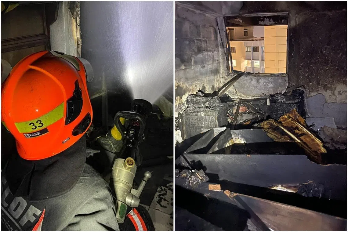 SCDF firefighters found the fire raging in a bedroom of a 13th-storey Housing Board flat at Block 308 Hougang Avenue 5.