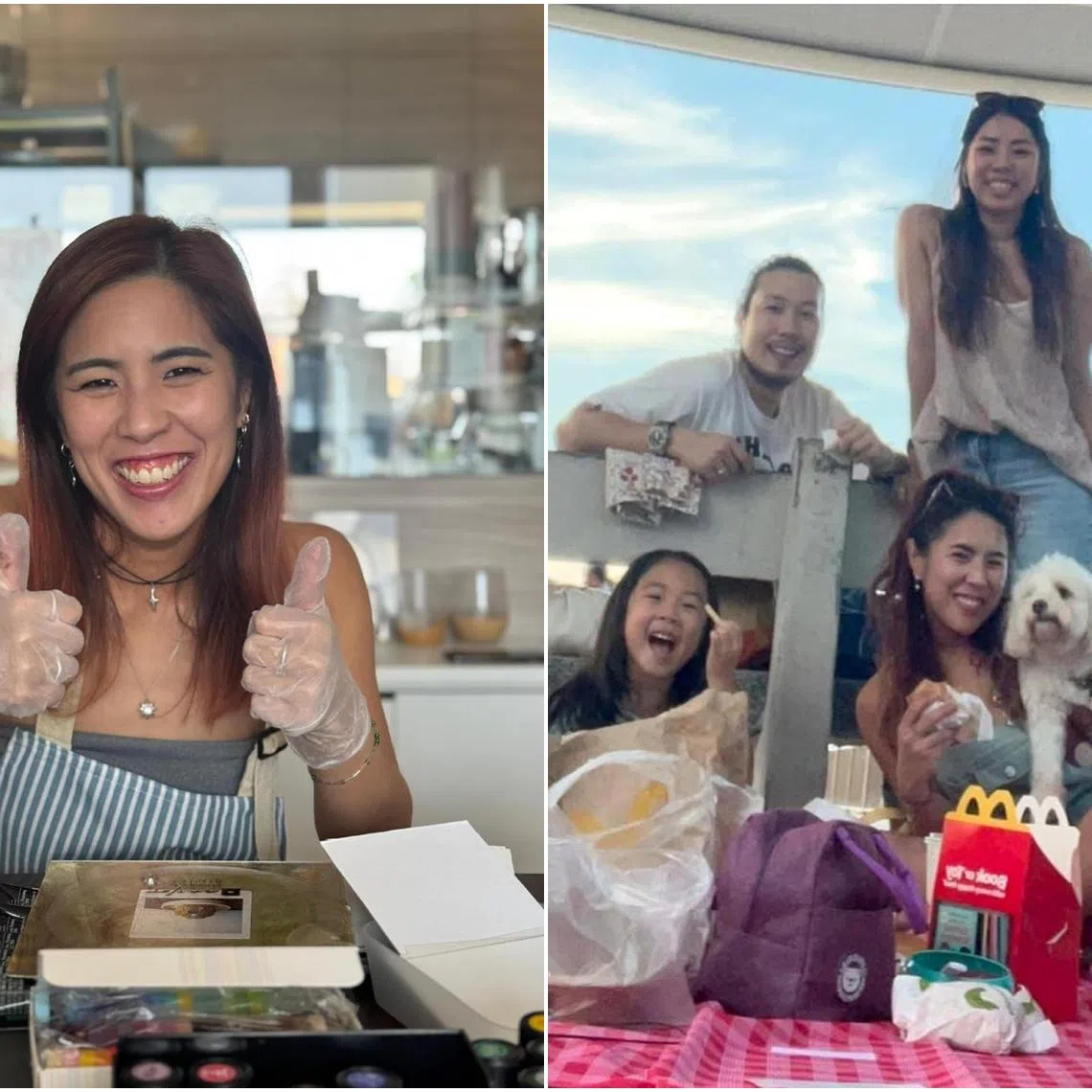 Singer-host Daphne Khoo during an arts and craft session (left) with her friends, and with her family at West Coast Park (right).