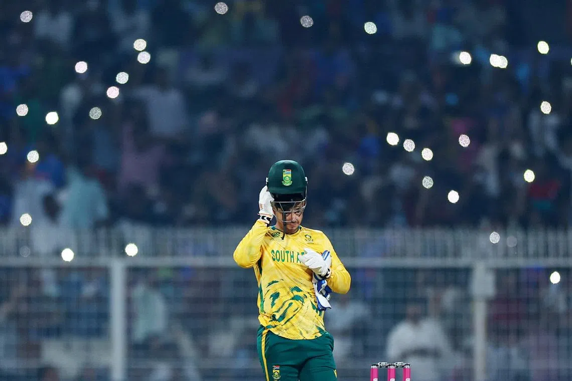 Cricket - ICC Men's T20 World Cup 2026 - Semi Final - South Africa v New Zealand - Eden Gardens, Kolkata, India - March 4, 2026 South Africa's Quinton de Kock reacts REUTERS/Anushree Fadnavis