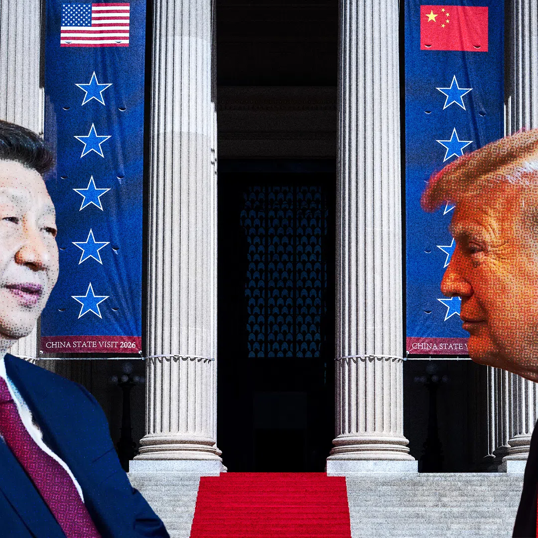 A picture of Xi and Trump superimposed in front of the setting in US, which was used to welcome Xi Jinping.