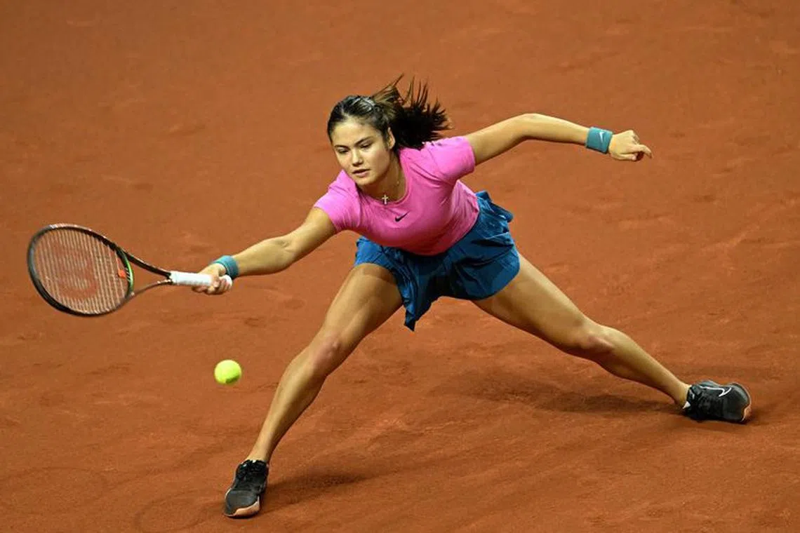 FILE PHOTO: Tennis - WTA 500 - Stuttgart Open - Porsche Arena, Stuttgart, Germany - April 18, 2023 Britain's Emma Raducanu in action during her round of 32 match against Latvia's Jelena Ostapenko REUTERS/Angelika Warmuth/File Photo