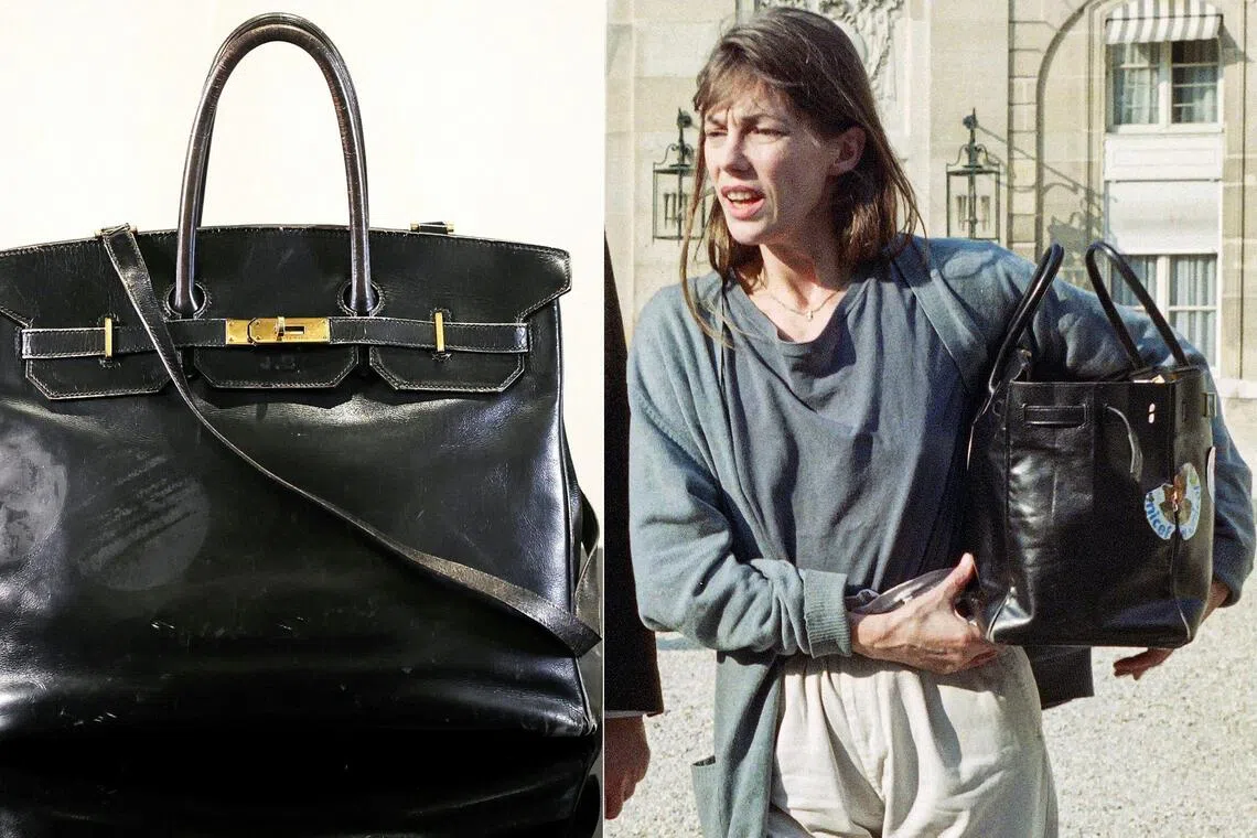 The "Birkin" bag (left) by Hermes which belonged to British-French actress and singer Jane Birkin (right) at the Sotheby's auction house.