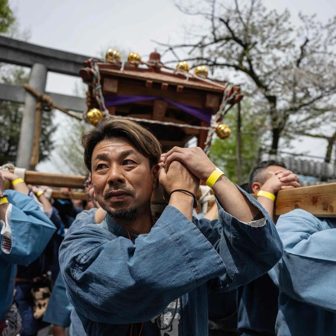 Devotees carry a large phallus-shaped portable shrine during the Kanamara festival at the Kanayama Shrine in Kawasaki on April 5, 2026.  
