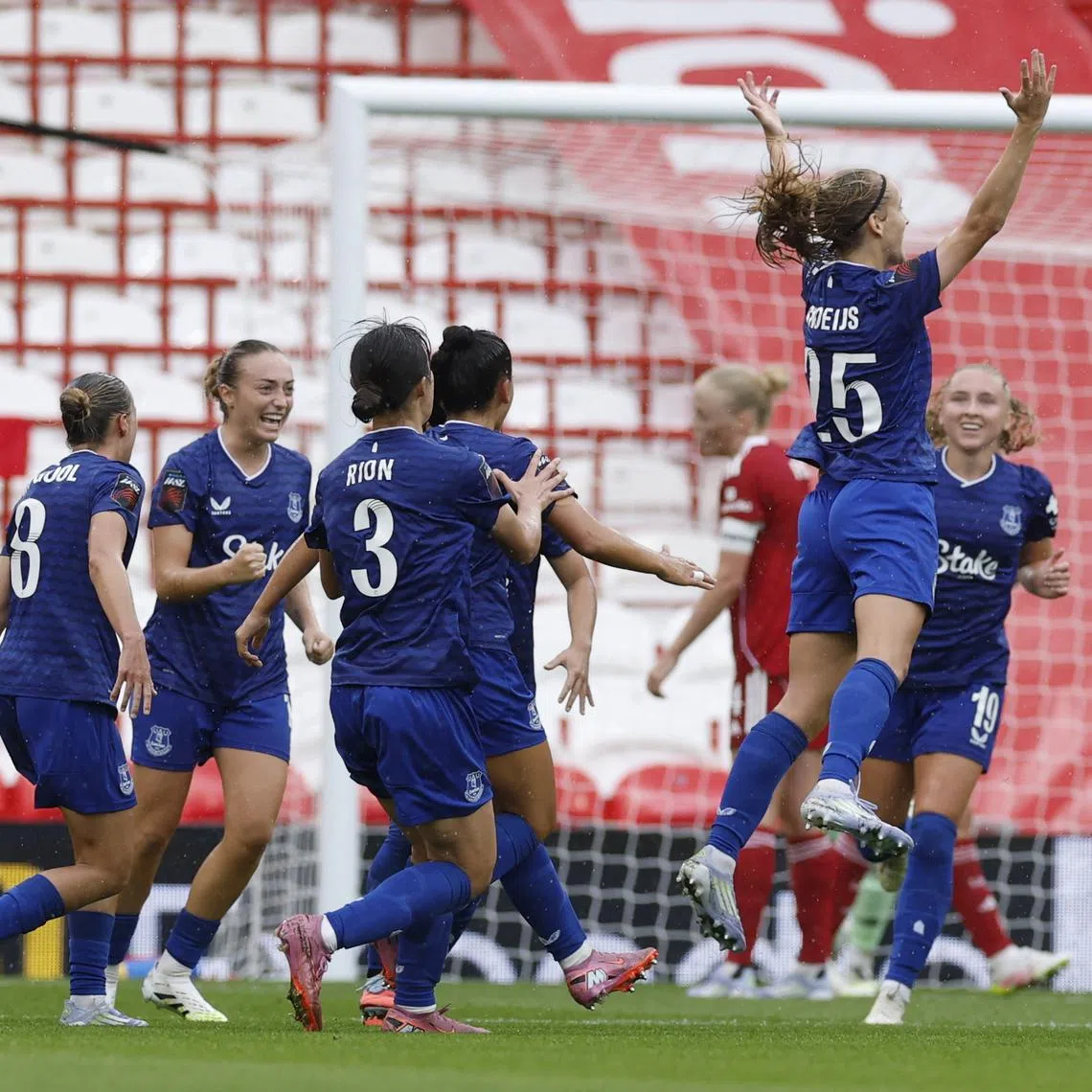 Soccer Football - Women's Super League - Liverpool v Everton - Anfield, Liverpool, Britain - September 7, 2025 Everton's Katja Snoeijs celebrates scoring their second goal Action Images via Reuters/Jason Cairnduff