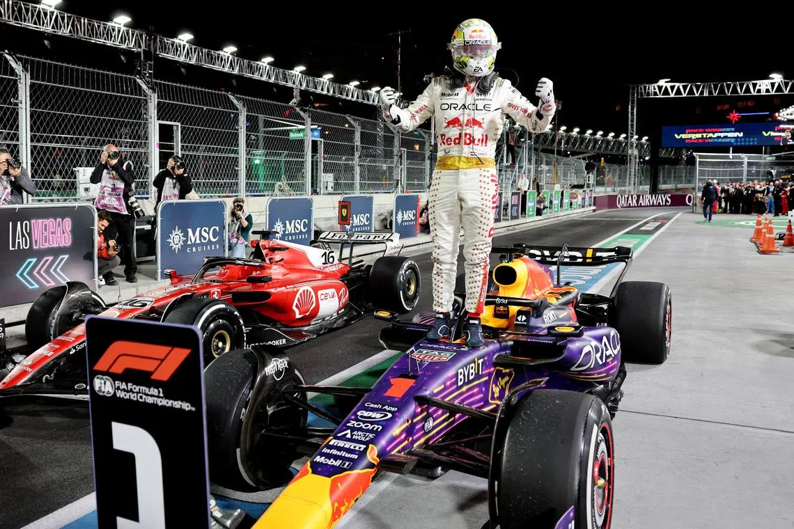 Red Bull's Max Verstappen celebrates winning the race in Las Vegas.