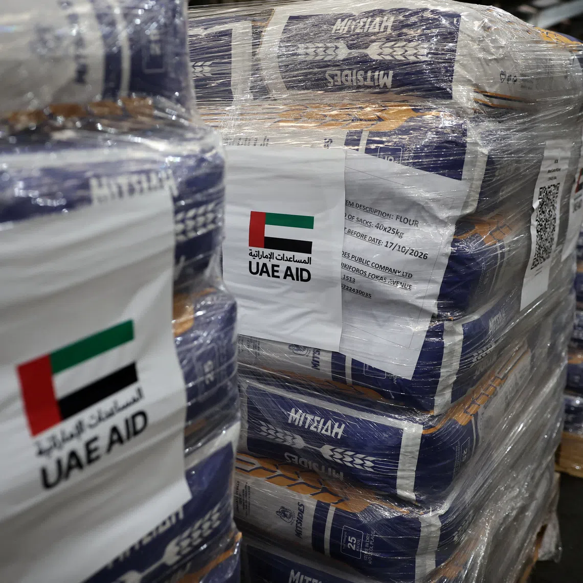 Aid donated by the UAE for the people of Gaza is stored in a warehouse at the port of Limassol, Cyprus November 7, 2025. REUTERS/Yiannis Kourtoglou