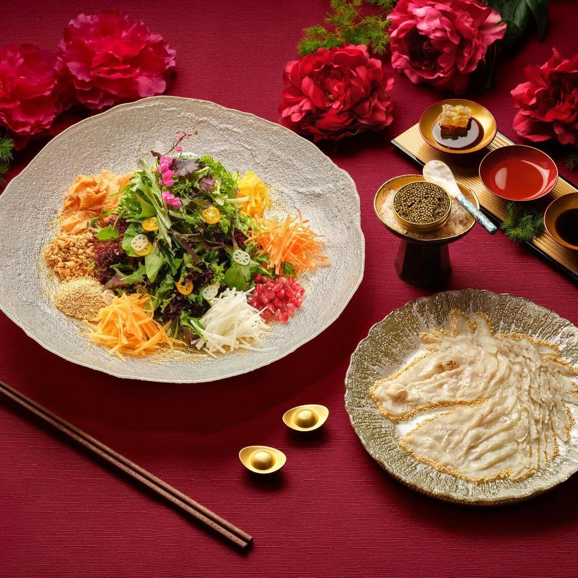 Si Chuan Dou Hua's Prosperity Sturgeon Caviar and Fugu Yusheng with Organic Fresh Greens.