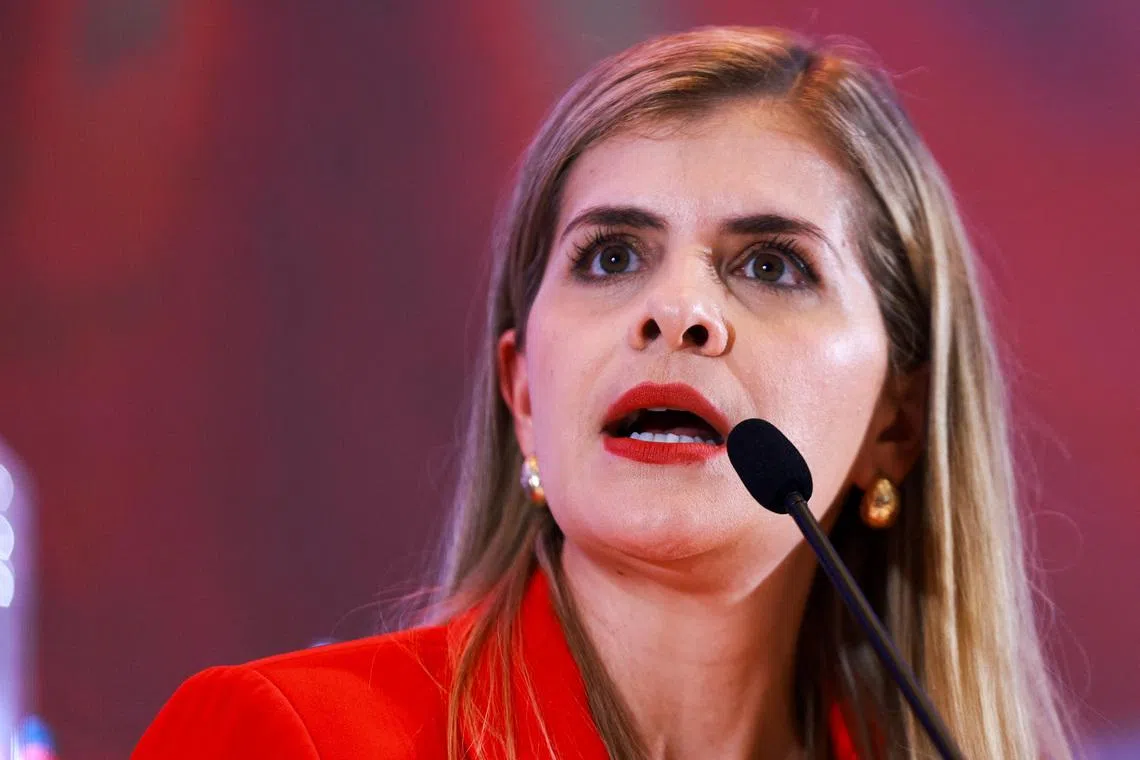 Laura Fernandez of the Sovereign People's Party (PPSO) speaks during a press conference after being elected President in the general elections, in San Jose, Costa Rica, February 2, 2026. REUTERS/Raquel Cunha