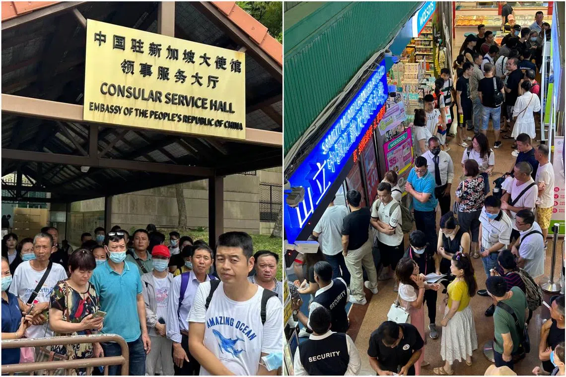 Crowds have gathered at the Chinese Embassy in Singapore and at remittance companies in Chinatown to seek assistance.