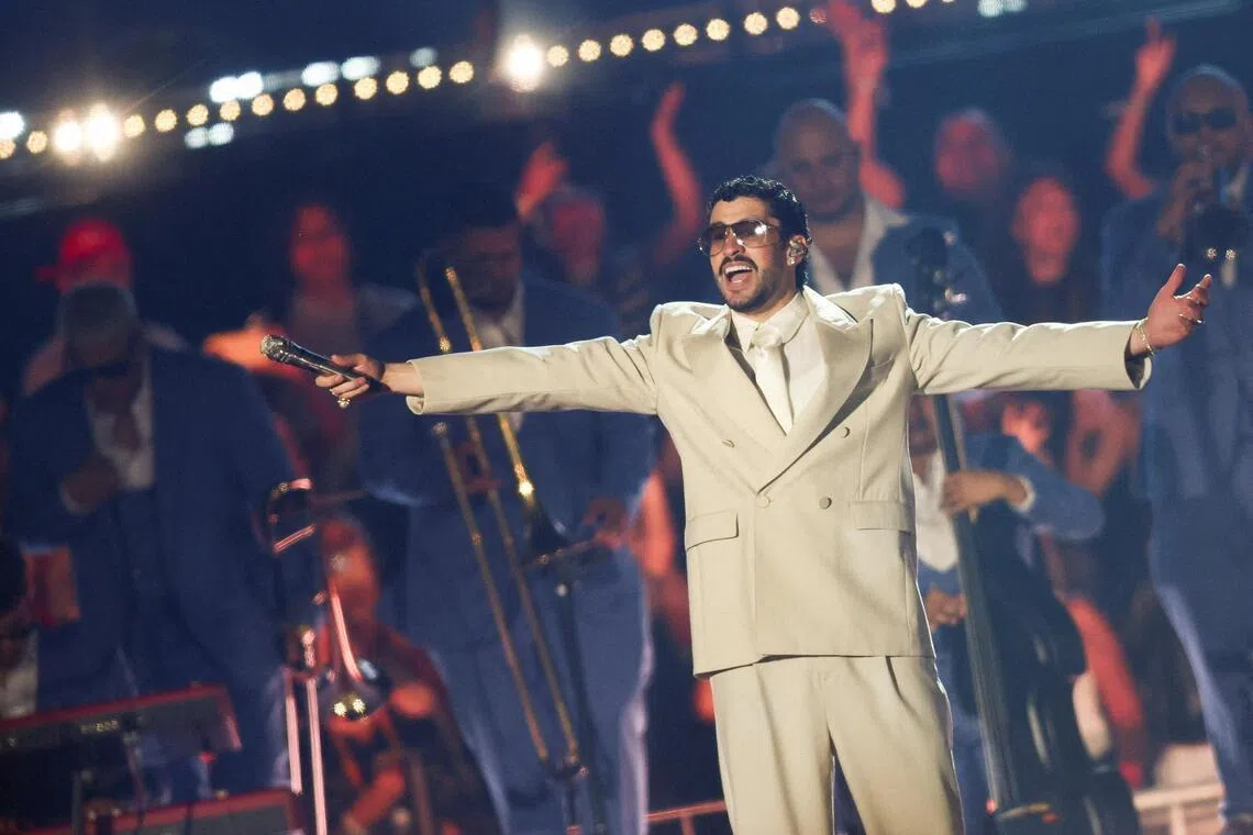 Puerto Rican singer Bad Bunny performs at his Debi Tirar Mas Fotos World Tour concert in Buenos Aires, Argentina, on Feb 13.