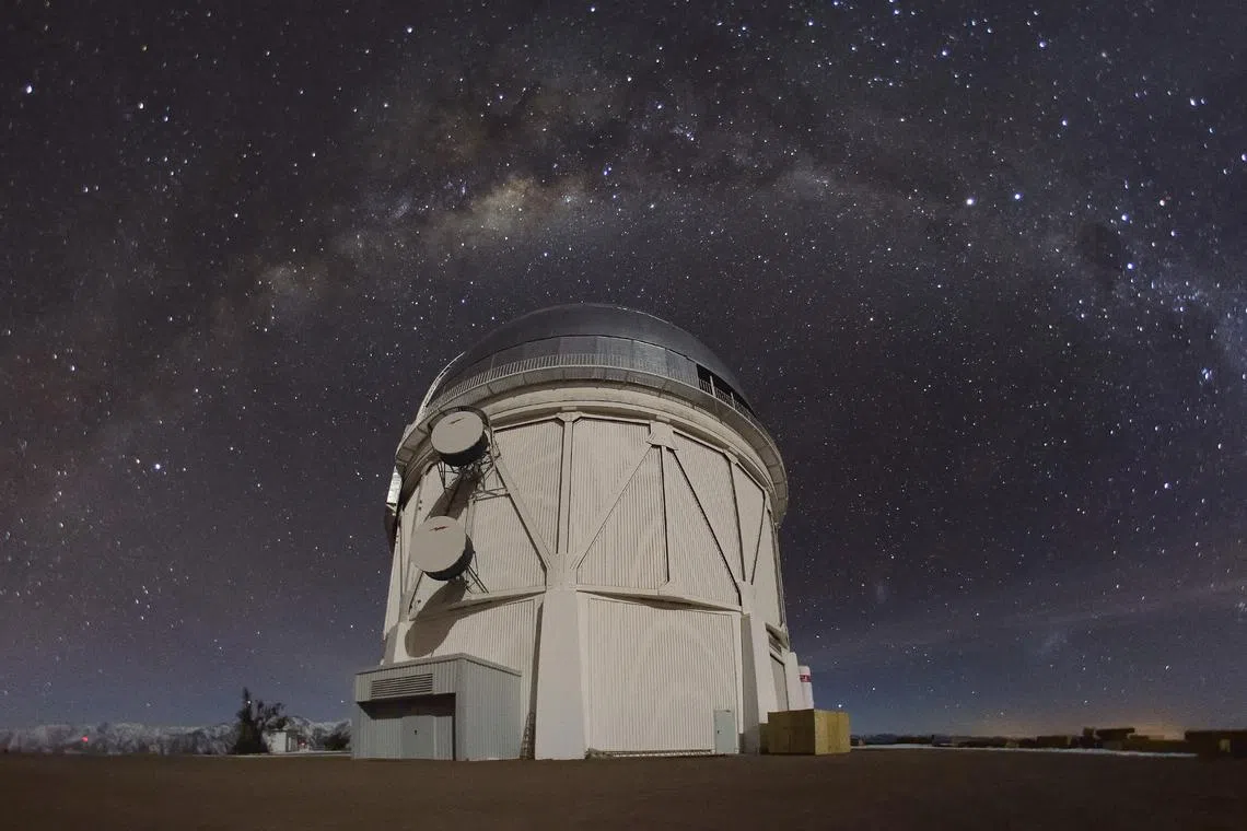 An undated photo provided by the Cerro Tololo Inter-American Observatory in Chile shows the Victor M. Blanco 4-meter Telescope dome, where a Dark Energy Camera detects asteroids that orbit between Earth and the sun. 