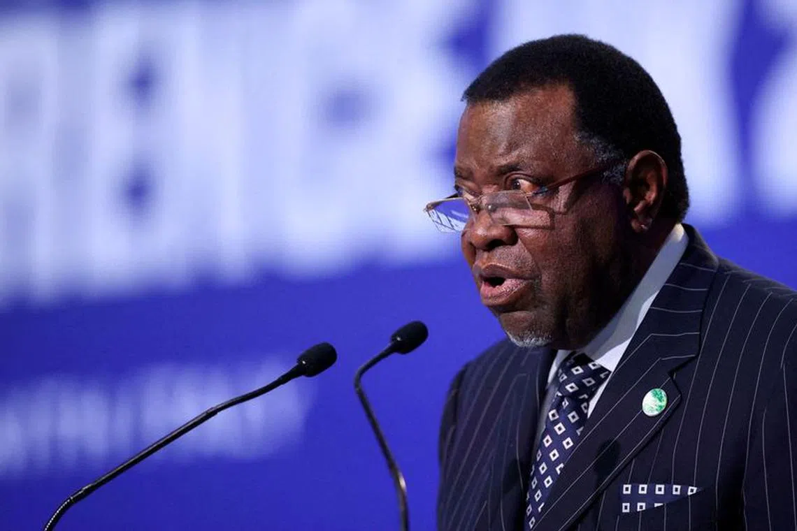 FILE PHOTO: Hage Gottfried Geingob, President of Namibia, speaks during the UN Climate Change Conference (COP26) in Glasgow, Scotland, Britain, November 2, 2021. REUTERS/Hannah McKay/File Photo