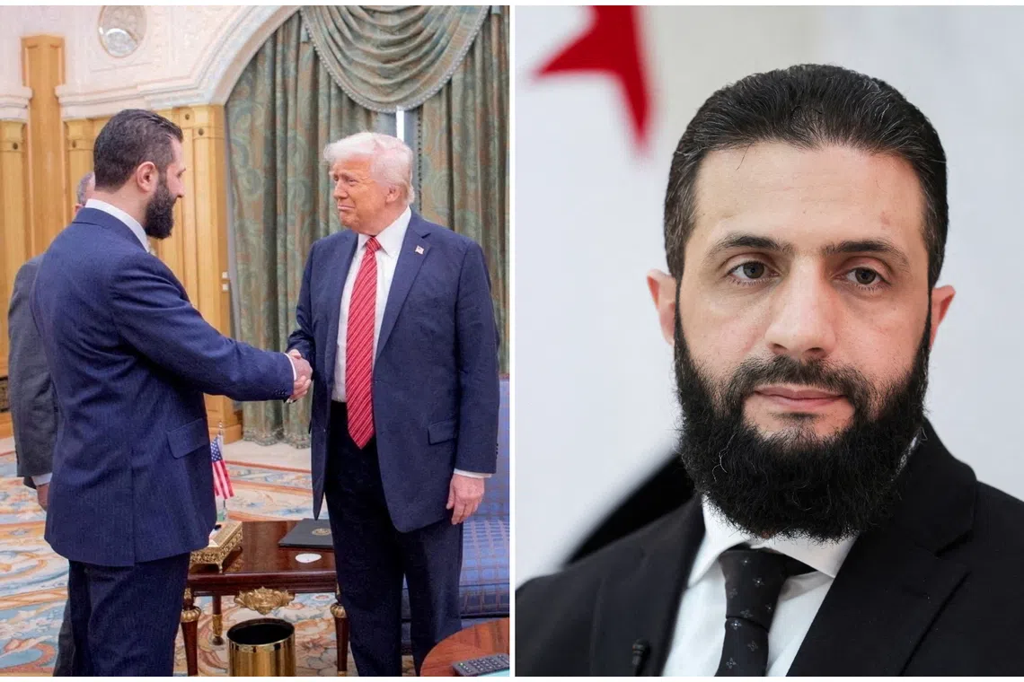 Syrian President Ahmed al-Sharaa (right) first met US President Donald Trump  in Saudi Arabia.