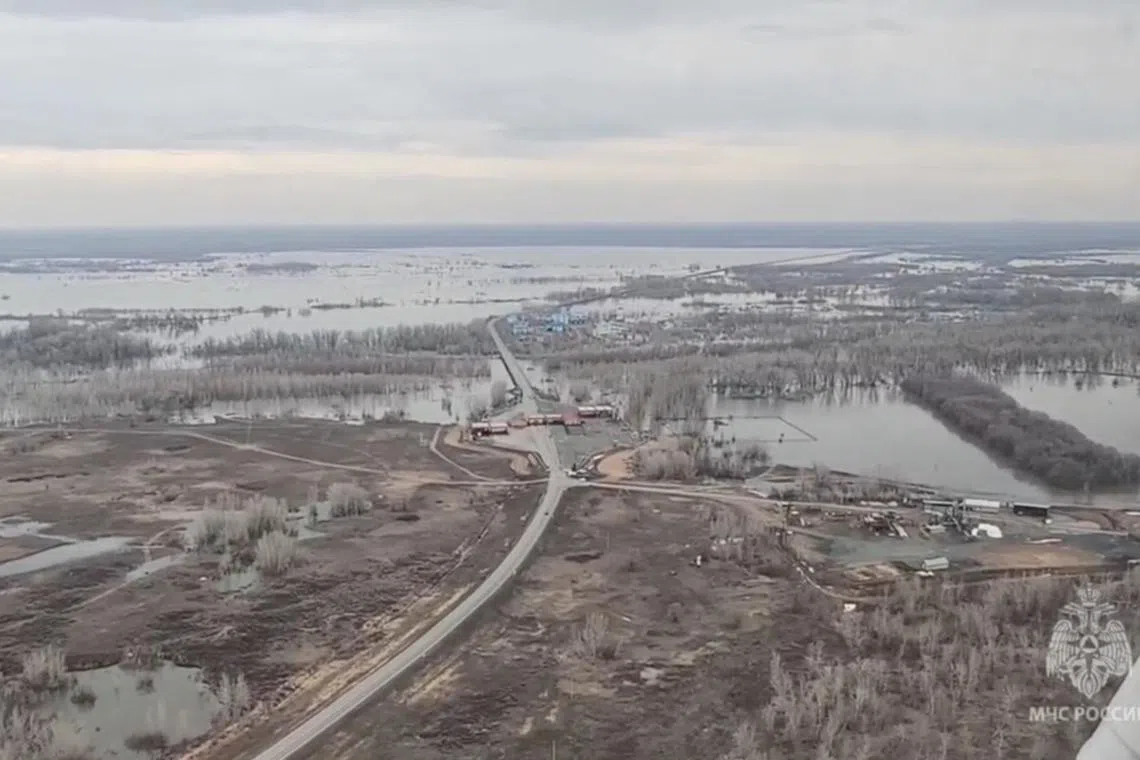 A view from a helicopter shows a flooded area in the Orenburg Region, Russia, in this still image taken from video released April 9, 2024. Russian Emergencies Ministry/Handout via REUTERS