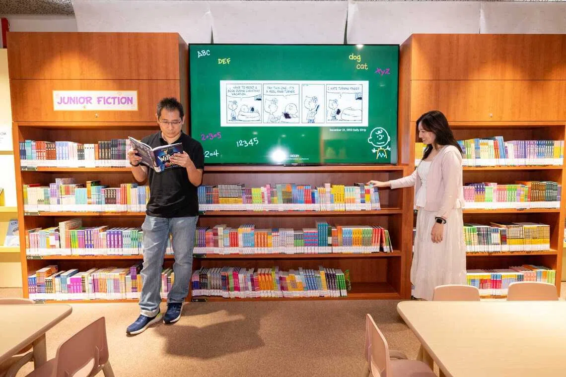 Readers in the Charlie Brown’s Classroom section in the pop-up library, where close to 10,000 physical and digital books are available.