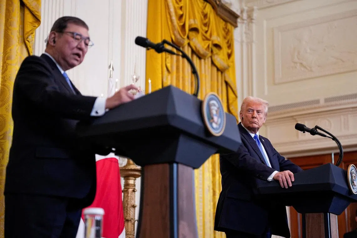 US President Donald Trump and Japanese Prime Minister Shigeru Ishiba holding a joint press conference at the White House in Washington, on Feb 7.
