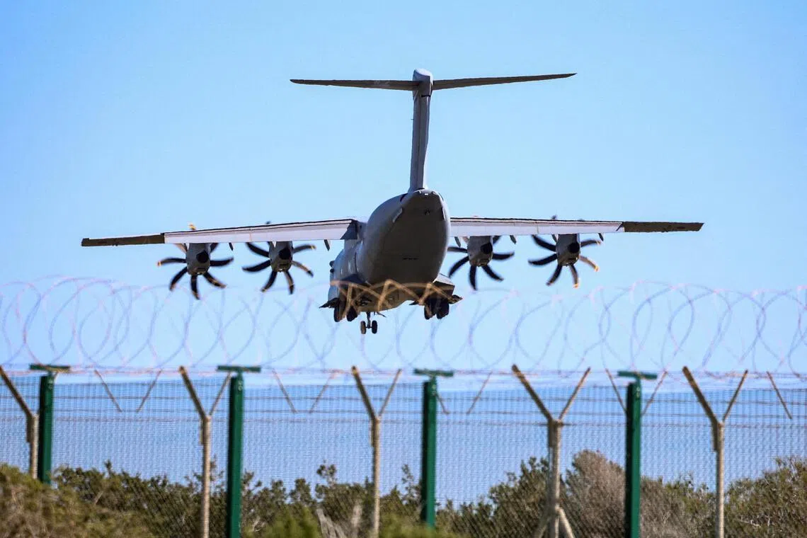 A British Airbus A400M military aircraft approaching RAF Akrotiri, a British sovereign base in Cyprus, on March 5.