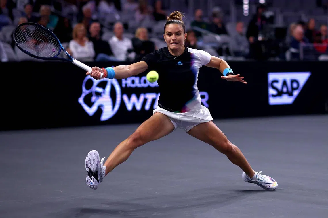 Maria Sakkari returning a shot against Ons Jabeur during their WTA Finals encounter on Friday. 