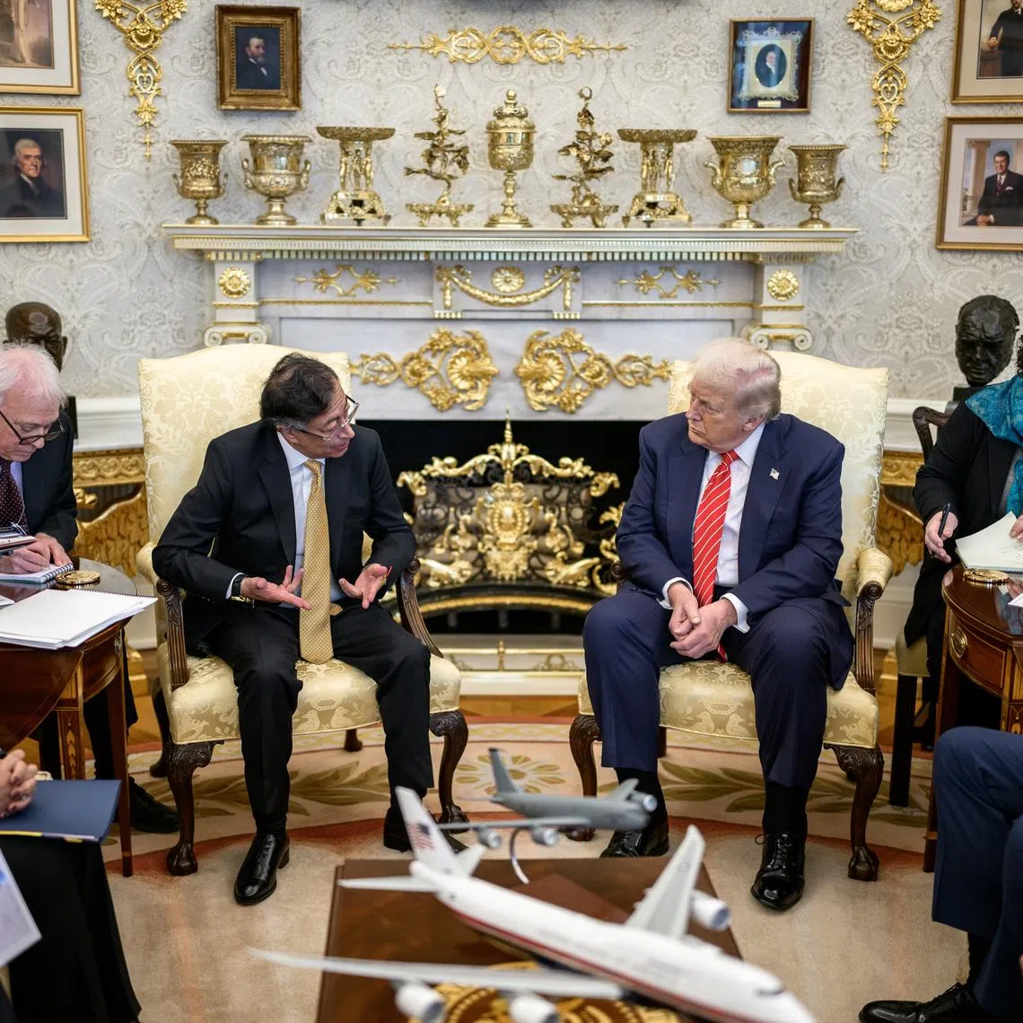 A photo released by the White House showing US President Donald Trump (right) and Colombian President Gustavo Petro talking in the Oval Office on Feb 3.