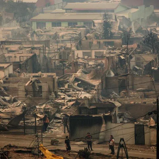 People stand among charred and heavily damaged properties in Concepcion, Chile.