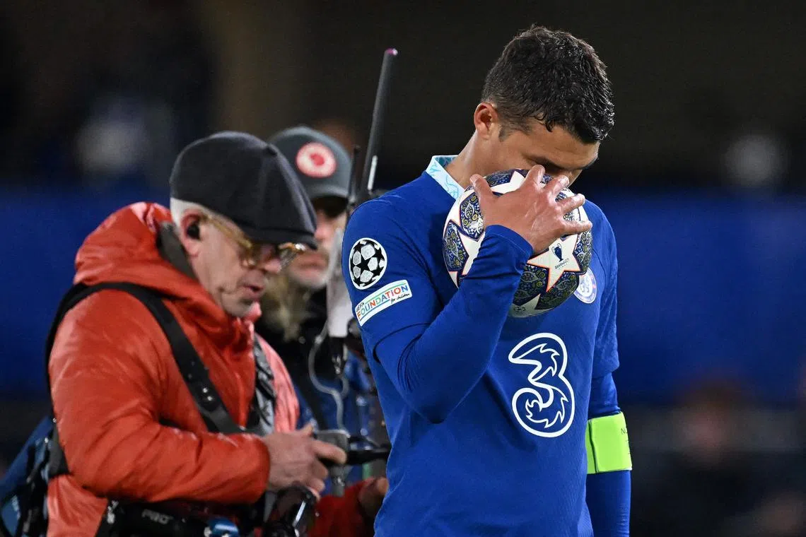 Chelsea defender Thiago Silva looking dejected during the 2-0 loss to Real Madrid in the second leg of their Champions League quarter-final.