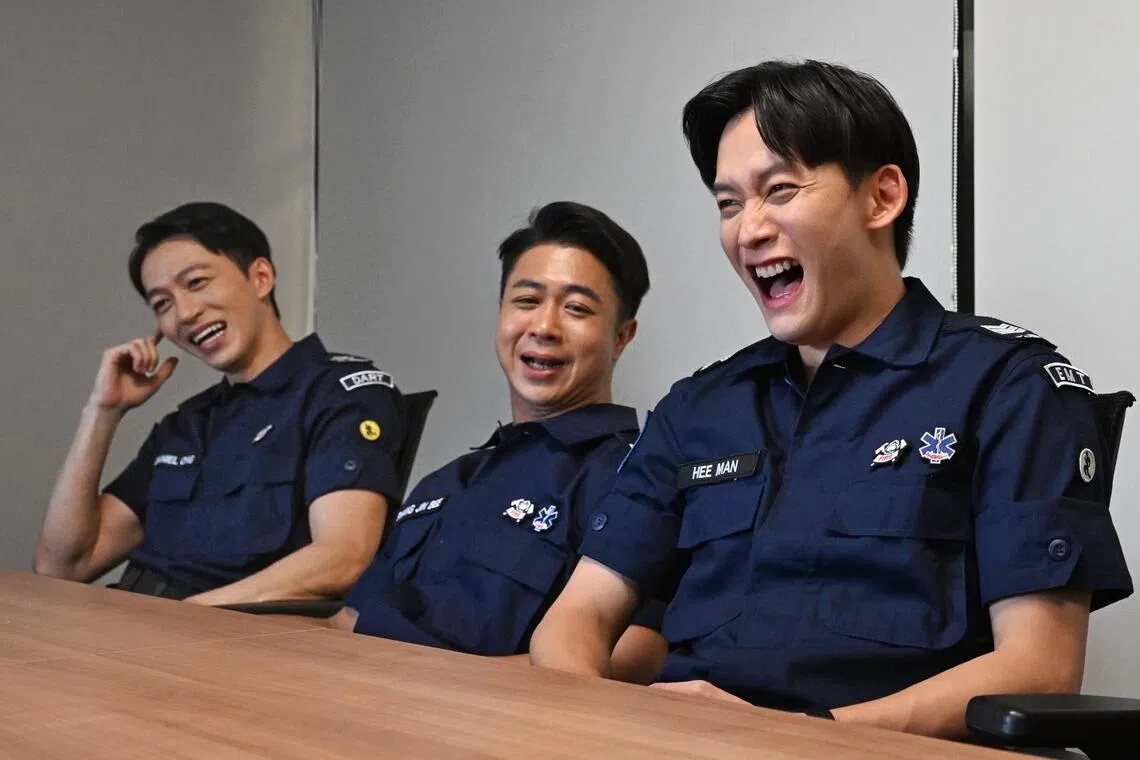 (From left) Actors Tosh Zhang, Maxi Lim and Noah Yap in the new Jack Neo film Ah Boys To Firefighters.
