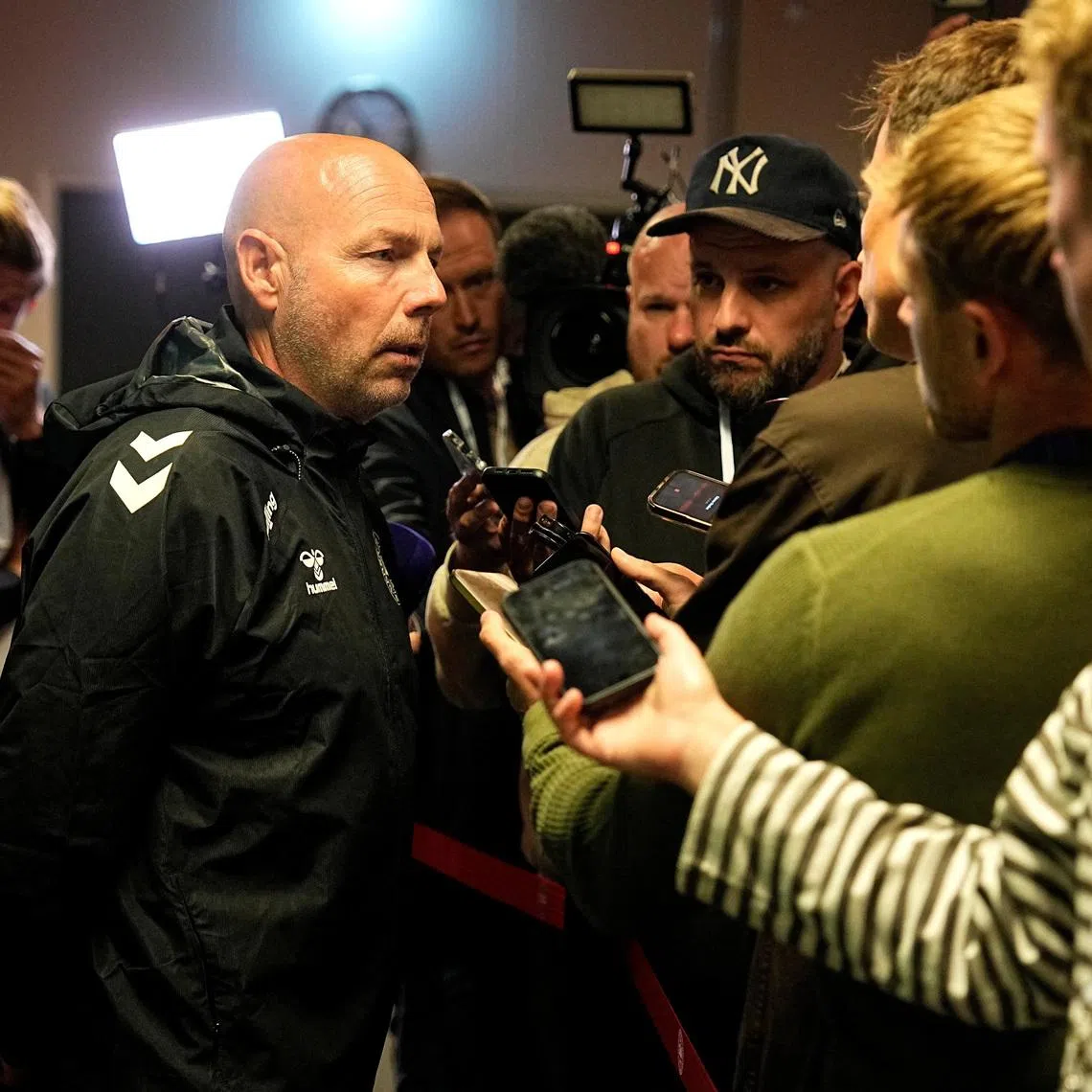 Soccer Football - International Friendly - Denmark v Ukraine - Odense, Denmark - June 7, 2026 Denmark coach Brian Riemer speaks to the media after the match was abandoned due to Denmark's Christian Eriksen collapsing on the pitch during the match. Bo Amstrup/Ritzau Scanpix via REUTERS