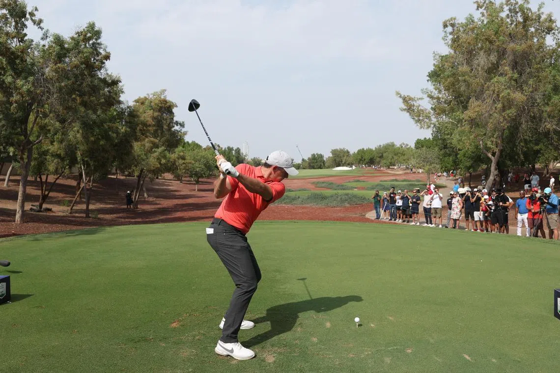 Northern Ireland's Rory McIlroy tees off during the first round of the DP World Tour Championship in Dubai.