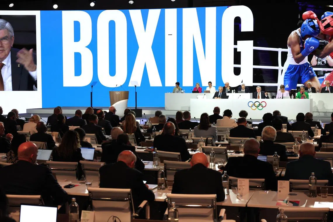 Olympics - 144th IOC Session including the election of IOC President - Costa Navarino, Pylos, Greece - March 20, 2025 General view of International Olympics Committee(IOC) president Thomas Bach speaking during the 144th IOC Session REUTERS/Louisa Gouliamaki