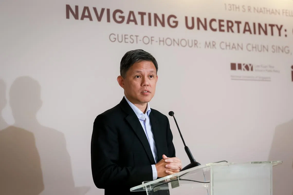 Education Minister Chan Chun Sing speaking at the IPS book launch of Navigating Uncertainty: Our Region in an Age of Flux by Professor Joseph Liow.
