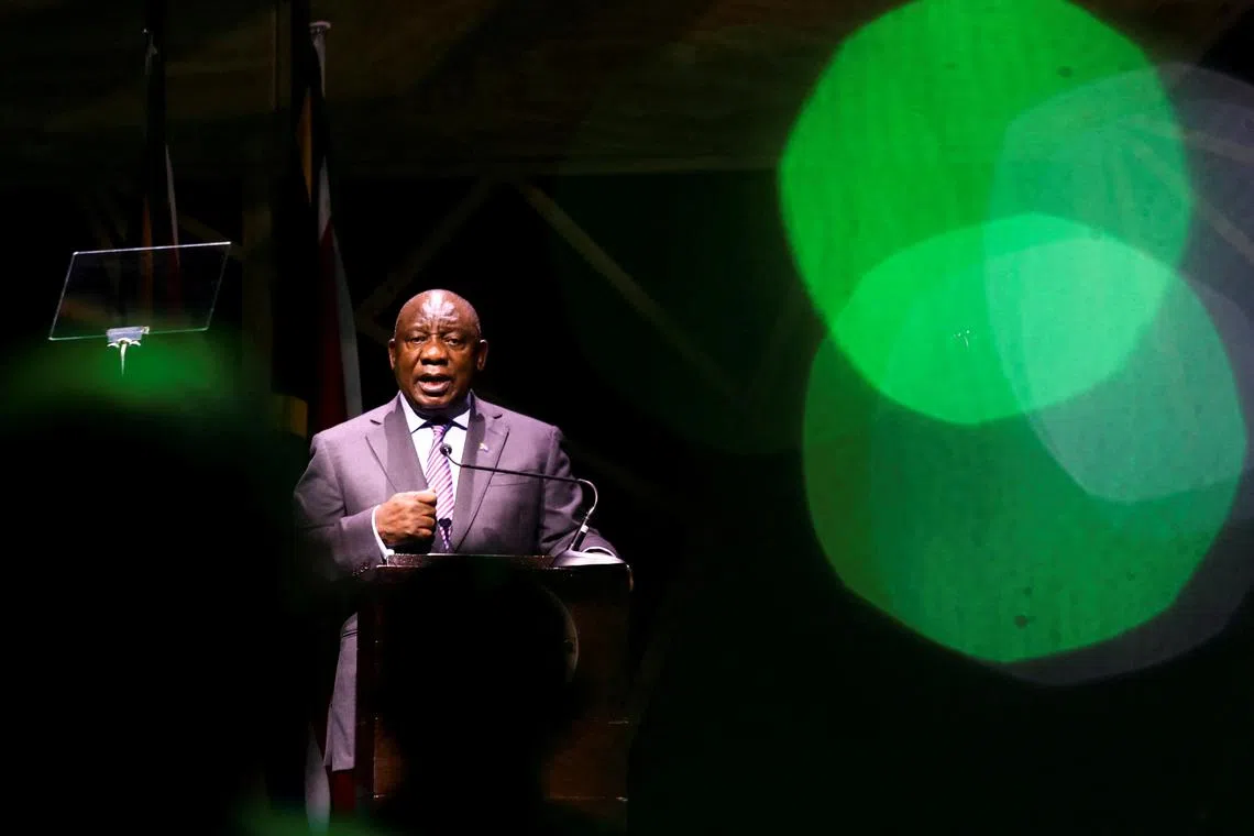 FILE PHOTO: South African President Cyril Ramaphosa delivers the keynote address at the Investing in African Mining Indaba 2023 conference in Cape Town, South Africa, February 7, 2023. REUTERS/Shelley Christians/File Photo