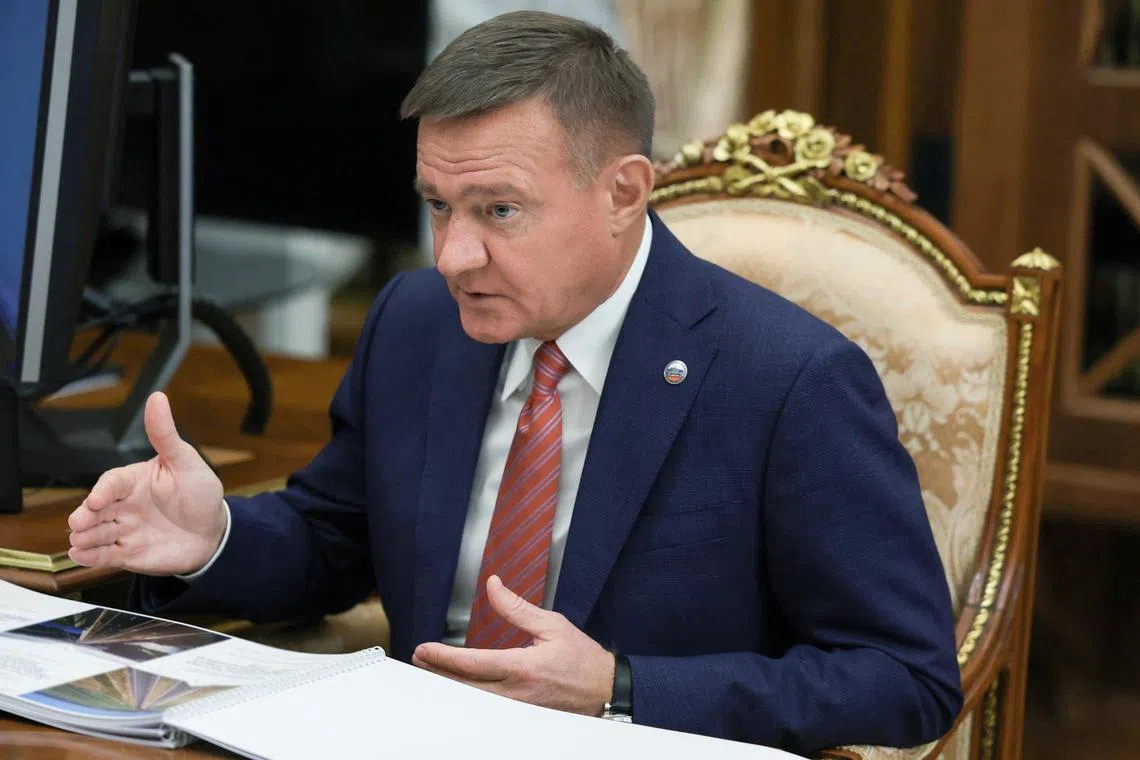 FILE PHOTO: Russian Minister of Transport Roman Starovoit attends a meeting with Russian President Vladimir Putin, in Moscow, Russia January 30, 2025.  Sputnik/Gavriil Grigorov/Pool via REUTERS ATTENTION EDITORS - THIS IMAGE WAS PROVIDED BY A THIRD PARTY.