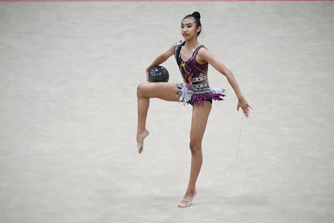 Avery Tan during the NSG B Division Girl's Rhythmic Gymnastics Ball event held on April 16 at Bishan Sports Hall.