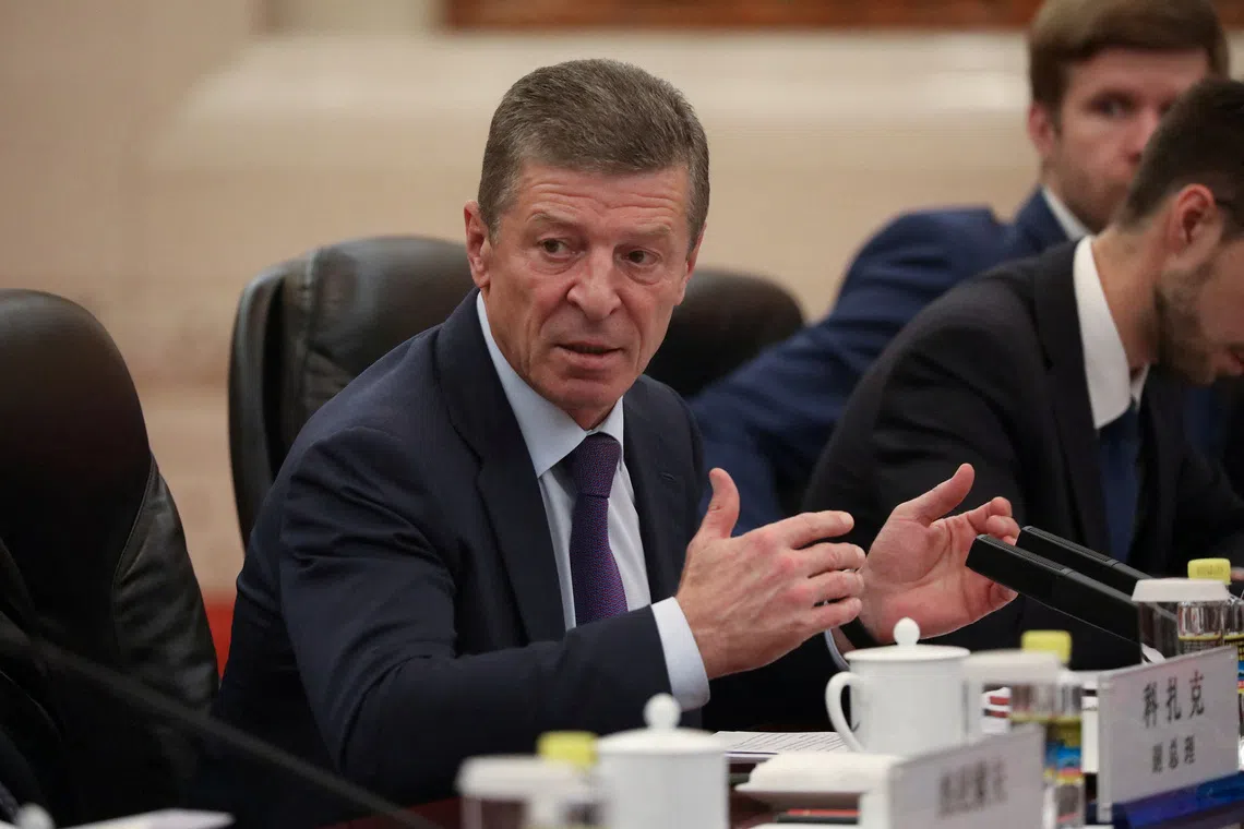 FILE PHOTO: Deputy Prime Minister of Russia Dmitry Kozak talks during the meeting with Member of the Standing Committee of the Communist Party of China Han Zheng (not pictured) at the Great Hall Of The People in Beijing, China September 6, 2019. Andrea Verdelli/Pool via REUTERS/File Photo