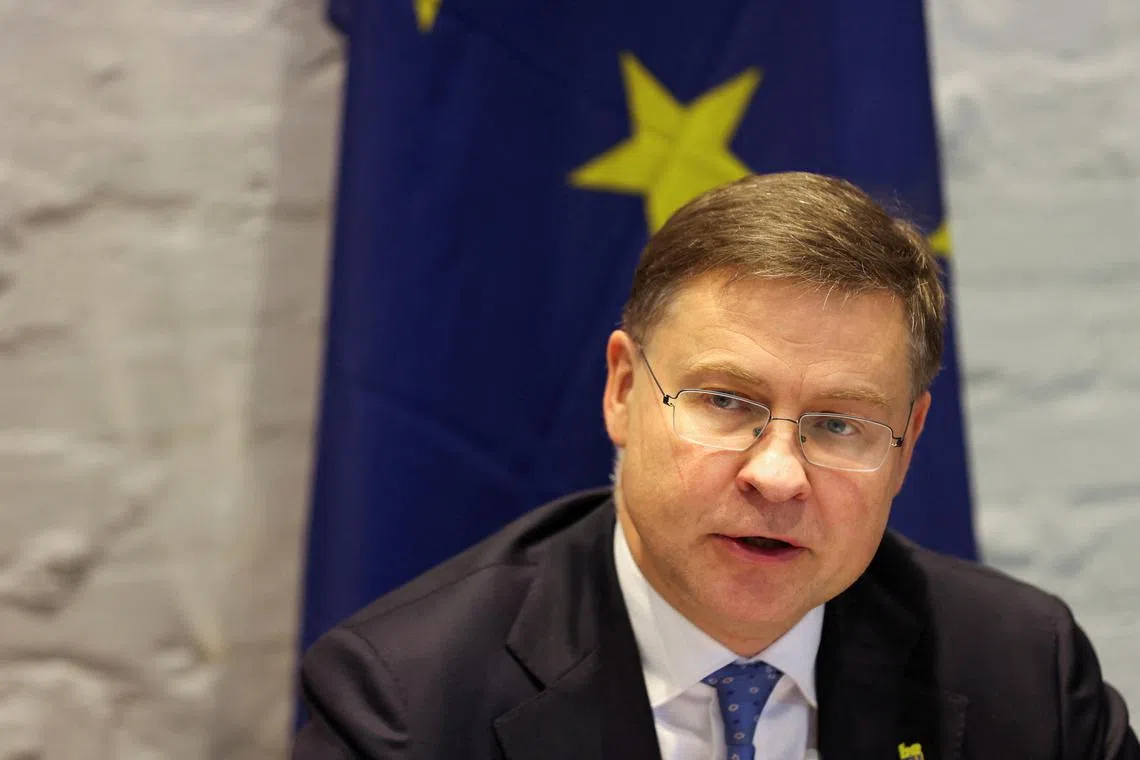 FILE PHOTO: European Commission Executive Vice-President Valdis Dombrovskis attends the U.S.-EU Trade and Technology Council in Leuven, Belgium April 5, 2024.  REUTERS/Johanna Geron/Pool/File Photo