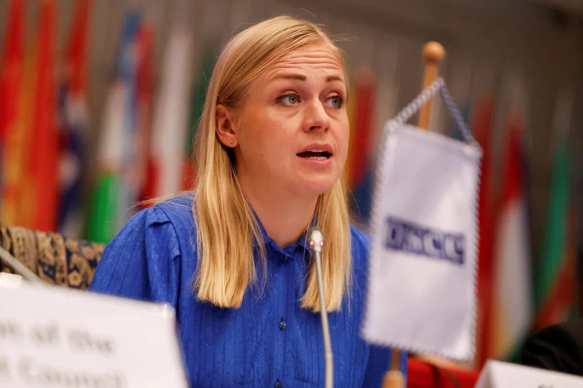 FILE PHOTO: Finnish Foreign Minister and Organization for Security and Co-operation in Europe (OSCE) Chairperson-in-Office Elina Valtonen presents a programme for OSCE 2025 Chairpersonship in Vienna, Austria, January 23, 2025. REUTERS/Lisa Leutner/File Photo