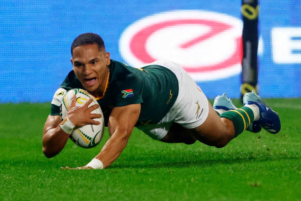 FILE PHOTO: Rugby Union - Nations Championship - South Africa v Wales - Kings Park Stadium, Durban, South Africa - July 18, 2026 South Africa's Herschel Jantjies scores their fifth try REUTERS/Rogan Ward/File Photo