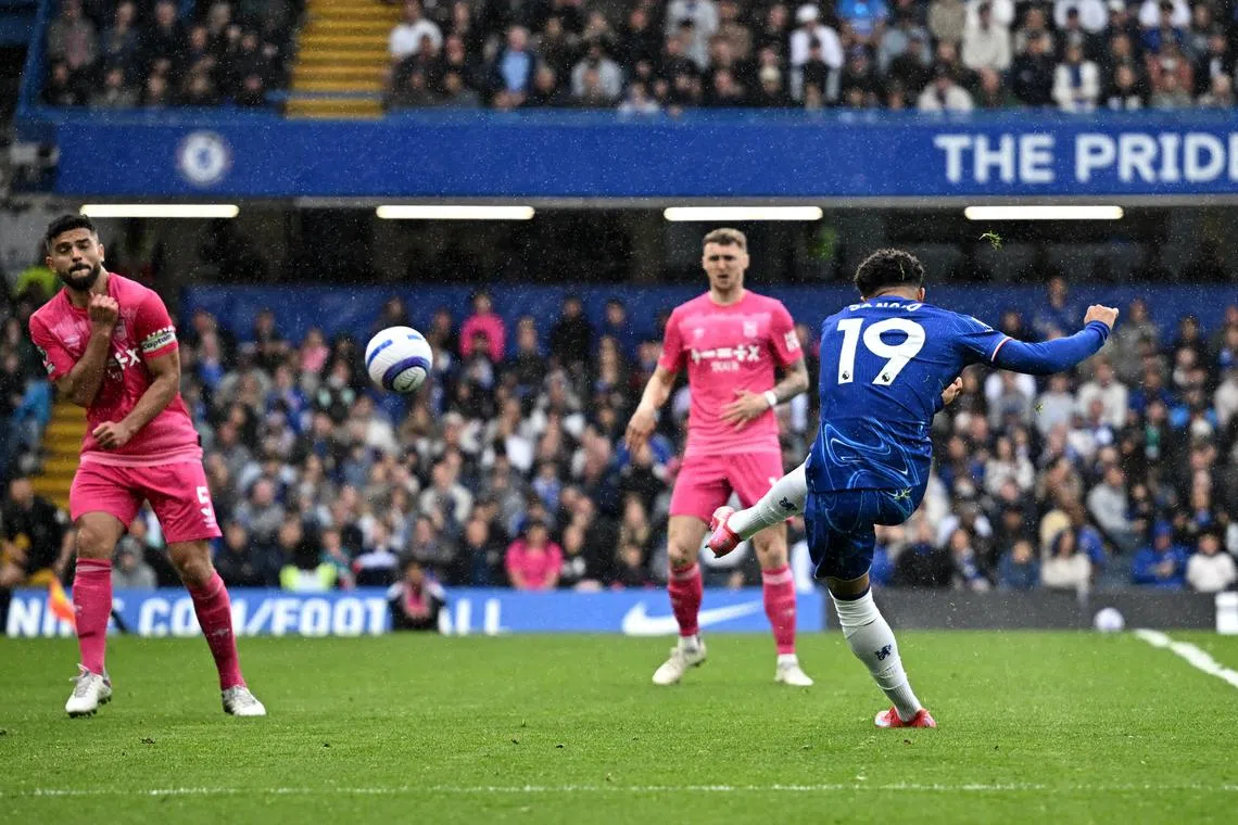 Chelsea's Jadon Sancho scoring the equaliser in their 2-2 draw with Ipswich Town on April 13.