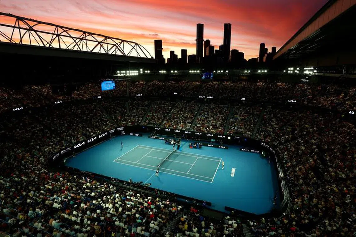 Tennis - Australian Open - Melbourne Park, Melbourne, Australia - January 14, 2024 General view during the first round match between Serbia's Novak Djokovic and Croatia's Dino Prizmic as the Melbourne skyline is seen in the background REUTERS/Edgar Su