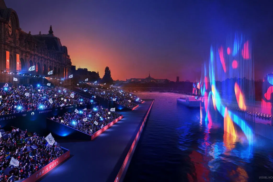 An illustration shows an expected view of the Paris Olympics opening ceremony which will take place on the river Seine on July 26, 2024.