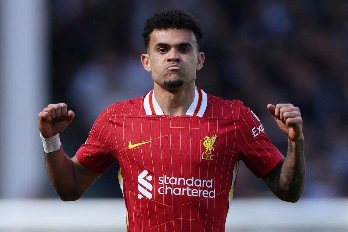 FILE PHOTO: Soccer Football - Premier League - Fulham v Liverpool - Craven Cottage, London, Britain - April 6, 2025 Liverpool's Luis Diaz celebrates scoring their second goal Action Images via Reuters/John Sibley/File Photo