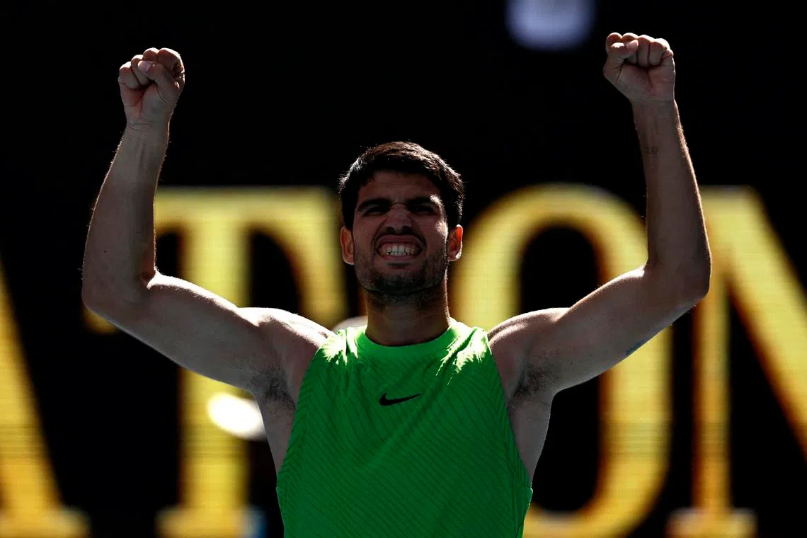 Tennis - Australian Open - Melbourne Park, Melbourne, Australia - January 25, 2026 Spain's Carlos Alcaraz celebrates after winning his fourth round match against Tommy Paul of the U.S. REUTERS/Tingshu Wang