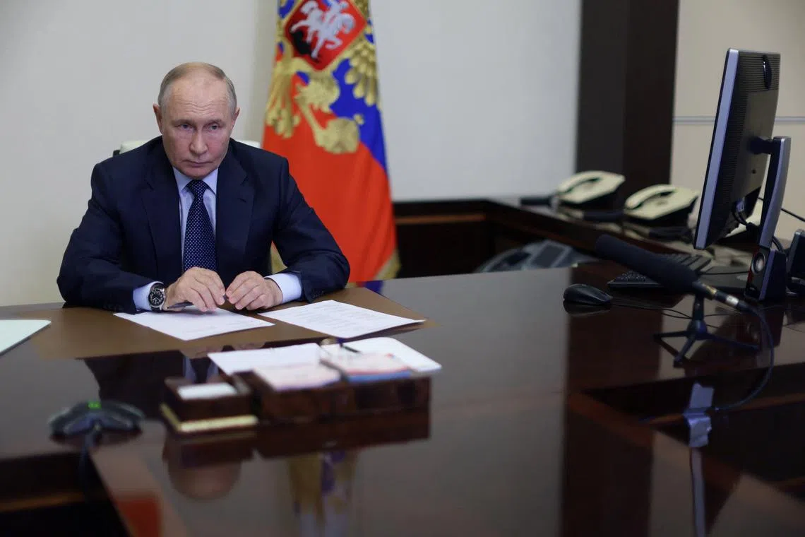 Russian President Vladimir Putin chairs a meeting on situation in Belgorod, Kursk and Bryansk regions following an incursion of Ukrainian troops in the course of Russia-Ukraine conflict, via video link at the Novo-Ogaryovo state residence outside Moscow, Russia August 22, 2024. Sputnik/Gavriil Grigorov/Pool via REUTERS