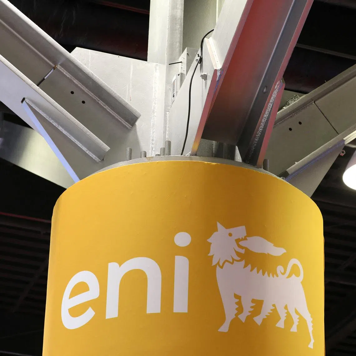 The logo of Italian multinational energy company Eni is displayed at their booth during the LNG 2023 energy trade show in Vancouver, British Columbia, Canada, July 12, 2023. REUTERS/Chris Helgren